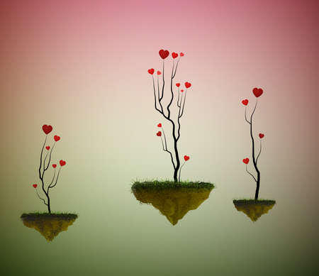 Hearts sprout trees growing on the flying rocks, love garden in the dreamland, fairy love tree garden, vectorのイラスト素材