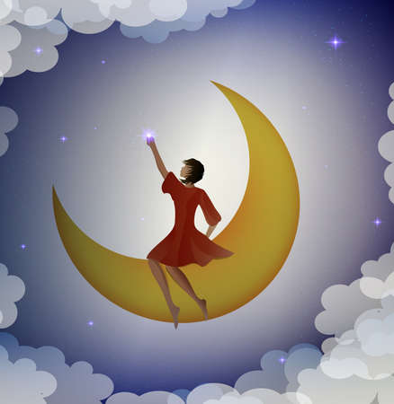Girl sitting on the moon and touching the star, in the dreams.のイラスト素材