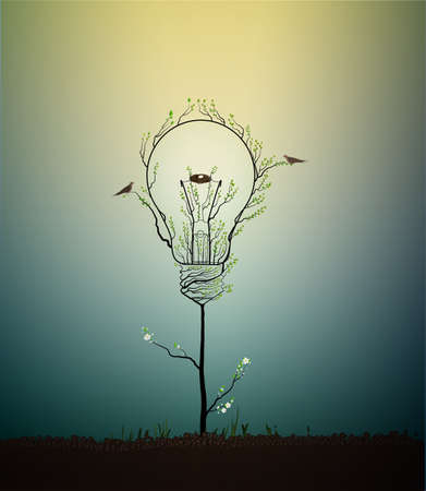 Lightbulb created from the leaves and looks like spring tree growing on soil with birds and nest, green energy concept, vectorのイラスト素材