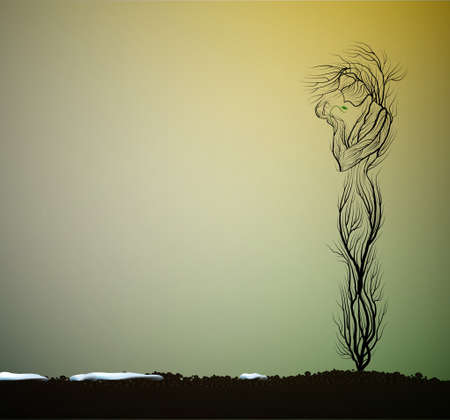 Tree silhouette like a woman holding first green sprout, first spring sprout, tree alive idea,のイラスト素材