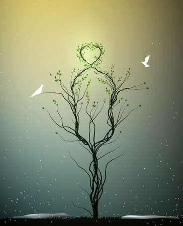 magic tree of spring love, tree with heart obove and two white birds flying to it, secret tree of love, vectorのイラスト素材