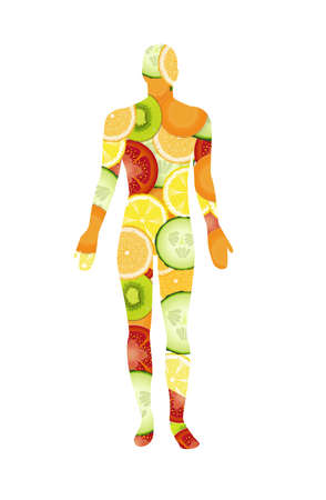 Healthy food concept, man silhouette created from vegetable and fruits, vegetarian food ideaのイラスト素材
