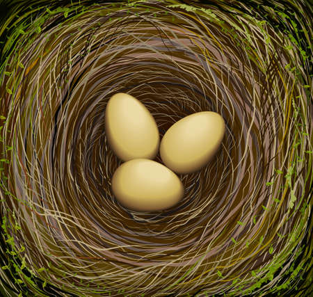 Realistic bird s nest with three eggs, Easter in nature, vector illustration.のイラスト素材
