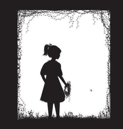 small girl holding the field flower wreath, black and white, childhood memory, vectorのイラスト素材