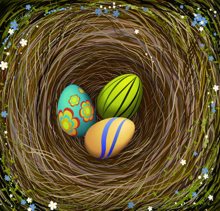Three colored Easter s eggs in the nest with hay, decorated with blue and white flowers, Easter composition, vectorのイラスト素材