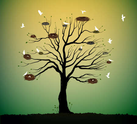 Big tree with many nests and flock of white birds flying, return to the nature home idea, spring nesting,のイラスト素材