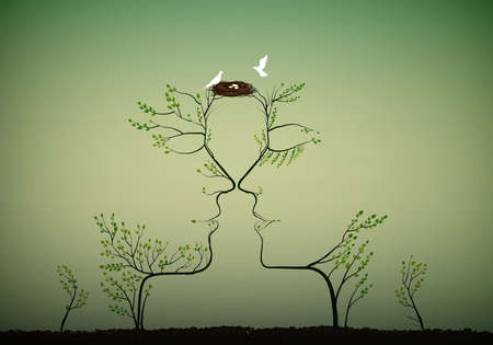 Couple of people look like tree branches silhouettes with bird nest, family concept.