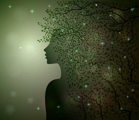 midnight summer dream, forest fairy, woman profile decorated with leaves branches and sparkles, Flora,のイラスト素材