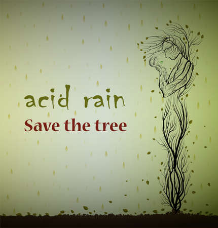 Text acid rain save the tree and dying tree looks like man and holding the last green leaf, save plant concept, eco art,のイラスト素材