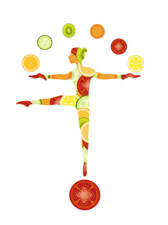 healthy food concept, slim girl silhouette created from vegetable and fruits balancing and juggles with fruits and vegetables, healthy food ideaのイラスト素材