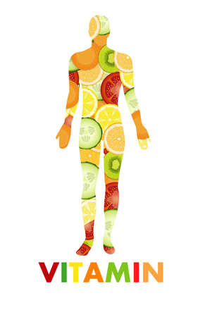 vitamin concept, man silhouette created from vegetable and fruits and text vitamin on white background,の写真素材