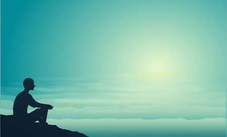 Man sits on the sea rock look at the sun and think, think about sense of life, man silhouetteのイラスト素材