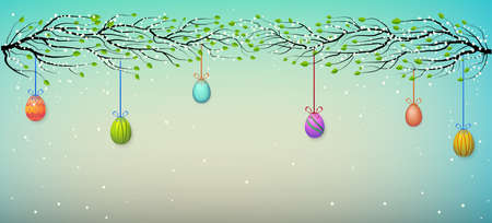 spring blossom tree branches decorated with hanging colored Easter eggs, vectorのイラスト素材