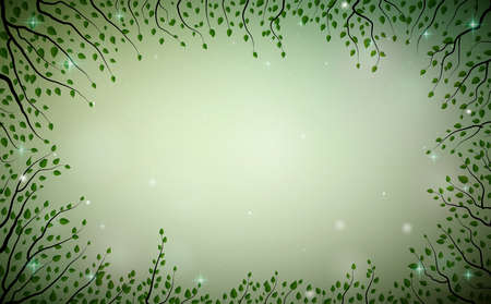 Green fairy plant frame, fireflies in the summer dream background, fairy green tree branches, vector.のイラスト素材
