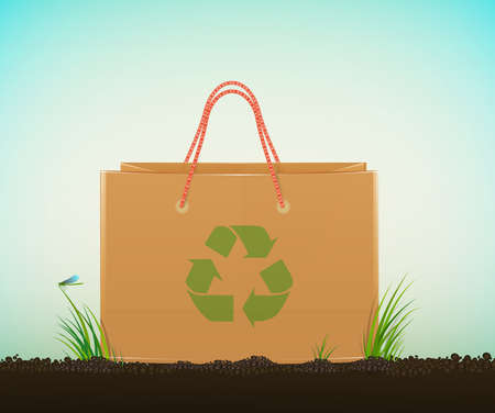 recycle eco bag idea, paper bag on soil with green grass and recycle sign, eco bag idea,のイラスト素材