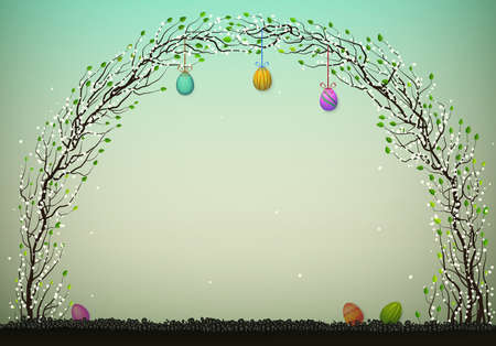 Arch of the spring trees with Easter eggs with ribbons, fairy blossom spring plant arch with Easter eggs.のイラスト素材