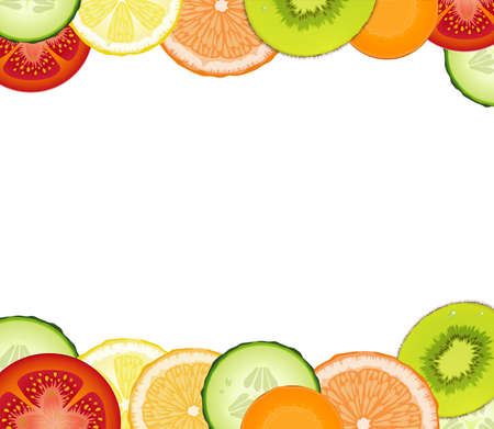food frame with realistic tomato, cucumber, lemon, carrot, grapefruit, orange, kiwi slices on white backgroundのイラスト素材