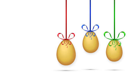 three eggs hanging on colored ribbons on white background, vectorのイラスト素材