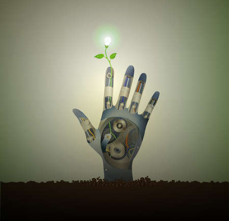 Bio energy idea, help for the green energy concept, eco robot concept, support the green energy idea, green bulb with leaves grows from metal robot hand on soil,のイラスト素材