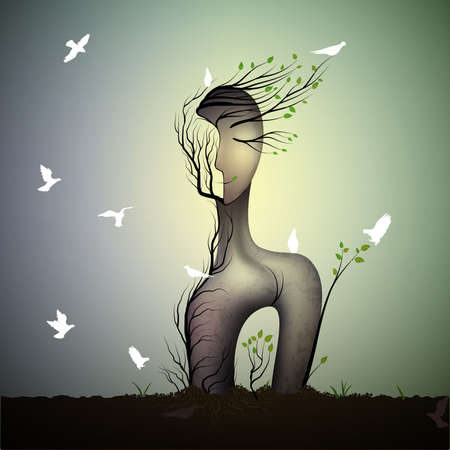 Spring tree looks like woman with white bird, sleeping dream sculpture with white pigeons, surreal trees, dream.のイラスト素材