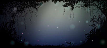 deep fairy forest silhouette at night with moonlight and fireflies,のイラスト素材