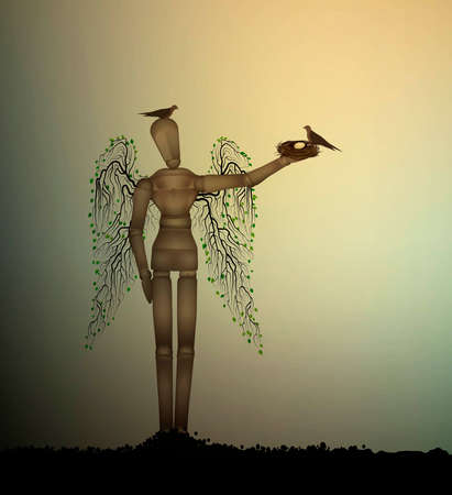 second life for recycle wood, creative solution of helping the birds concept,のイラスト素材