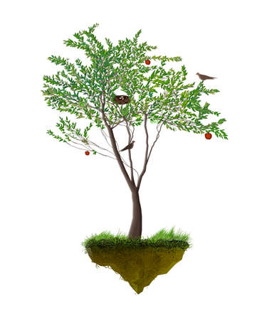 Piece of tree, red apple fruit with birds and nest, on the flying rock.のイラスト素材