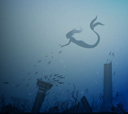 mermaid with fishes and sea bottom with column Vector illustration.のイラスト素材