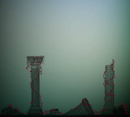 Ruins of marble columns with curling red rose, romantic place in the antique garden, Troy memories, theater decoration,のイラスト素材