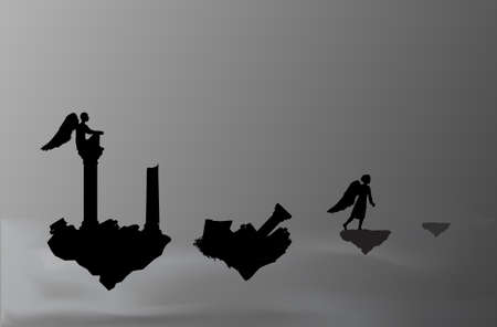 two angels on flying rock, ruin of city on the heavens, decline on civilization, vectorのイラスト素材