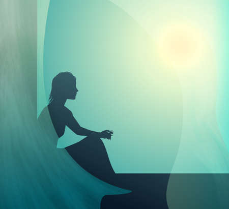woman sit on the window with transparent curtains and look at the sun,morning dream, vectorのイラスト素材