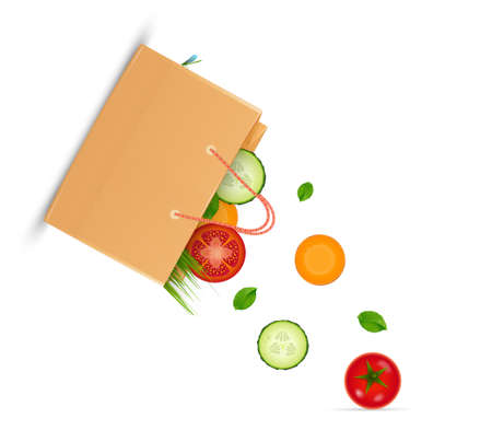 buy more vegetables idea, veg day concept, eco vegetables concept, vegetables falling from paper bag on white background, vectorのイラスト素材