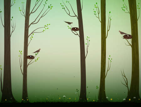 spring forest and birds with nests on the branches, spring in the forest, nature scene,のイラスト素材