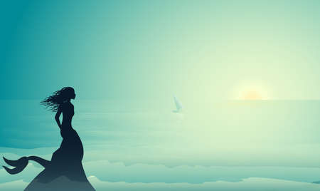 Silhouette mermaid sitting on the edge of the cliff and looking at the small sailing ship in morning sun beams, mermaid story,のイラスト素材
