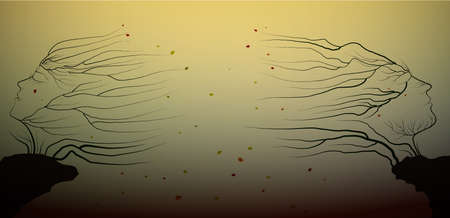 divorce concept, dying relationships between man and woman, couple of people look like autumn tree branches silhouettes, parting,のイラスト素材
