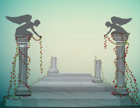 Couple of angel on the column with wreath of red rose, altar or ruin of temple, Vector illustration.のイラスト素材