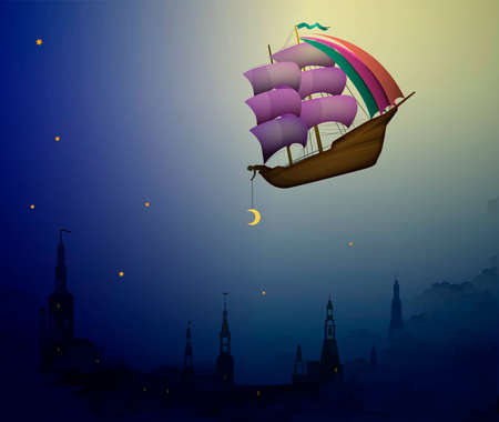 Night miracle, ship in the evening sky in clouds above the city, fairy boy putting moon on the night sky, fairy dreamland sailor on the heavens, vectorのイラスト素材