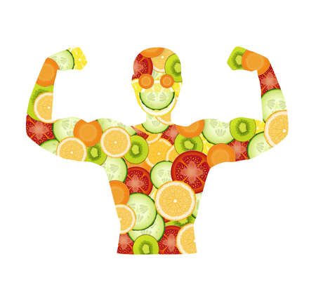 power of the vitamin, healthy food concept isolated on white background, man silhouette created from vegetable and fruits,のイラスト素材