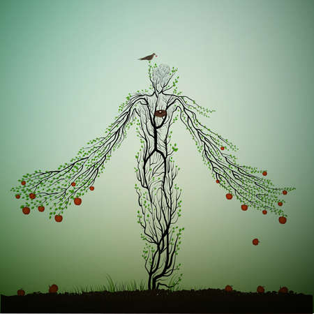 apple tree looks like a woman and stretching his hands ranches with red apples, magic apple tree character, dreamland or wonderland tree, plant alive, Vector illustration.のイラスト素材