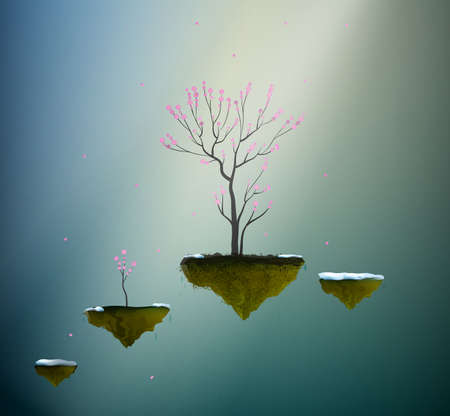 Blossom pink tree on flying rock, spring cherry tree in the dreamland, vector.のイラスト素材