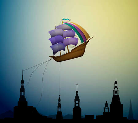 magic ship flying, ship in the evening sky in clouds above the city, fairy dreamland sailor above the city,のイラスト素材