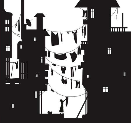 loundry day in the city, woman hungs the washing cloth, cloth hung between the houses, summer sity view with cloth wire silhouette, black and white, vectorのイラスト素材