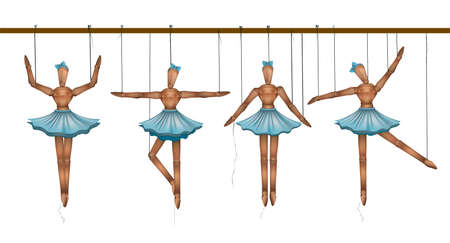 Set of wooden marionette dancers in different poses, ballerinas concept vectorのイラスト素材