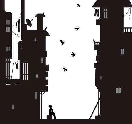 night dreamer, boy sits near the city houses and look flying pigeons, dreams vectorのイラスト素材