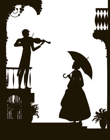 listen the violin melody, romantic scene in the city, old fashioned girl holding the umbrella and listen the violinist, romantic music, shadow, vectorのイラスト素材