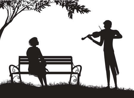 violinist plays for s girl sitting on s bench under s tree, romantic music vectorのイラスト素材