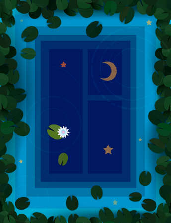 deep dive to the night dream concept, reflection window night with moon and stars in the water of lilies pond, vectorのイラスト素材