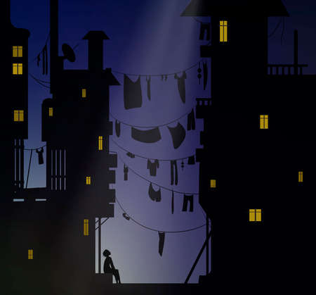 night dreamer, boy sits near the city houses and look at the sky, dreams vectorのイラスト素材