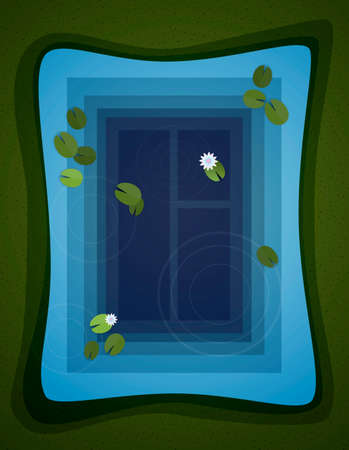 window inside the water, clean transparent water consept, pond with lilies looks like the window, window illusion, vectorのイラスト素材