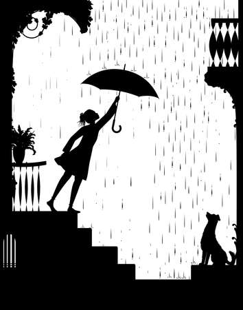 walk in rain, Girl opens the umbrella and go for a walk and gog waiting for her, my friend dog, black and white, shadow, vectorのイラスト素材